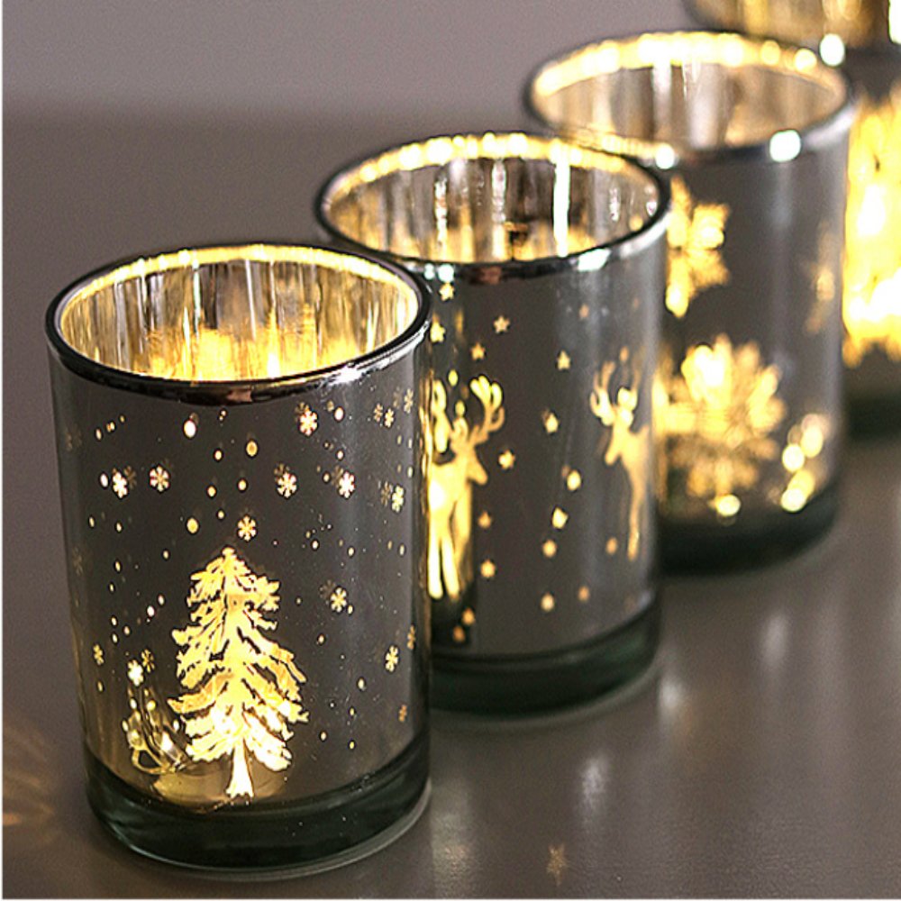 Silver Tree & Reindeer Candle Vessel (White Cup)